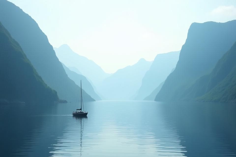 Majestetisk fjordlandskap sett fra en seilbåt ved soloppgang