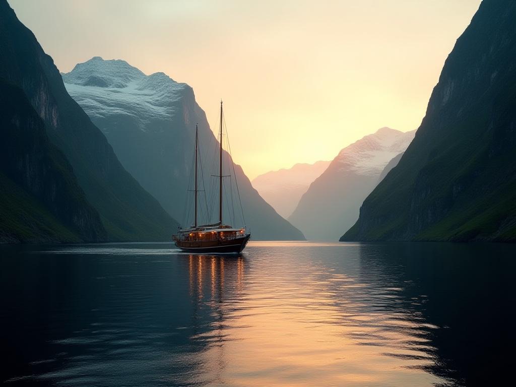 Seilbåt i en norsk fjord under solnedgang